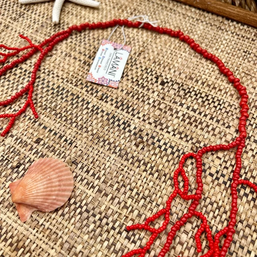 🪸 Red Beaded Coral Necklace Shell Beach - Picture 3 of 4